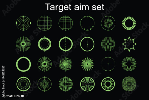 Target aim set. Crosshair target weapon sniper sight for gun or rifle in neon green color. Sniper scope target for shooting game. Vector icon .
