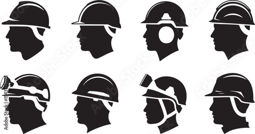 Eight Silhouettes of People Wearing Different Types of Helmets and Headgear safety