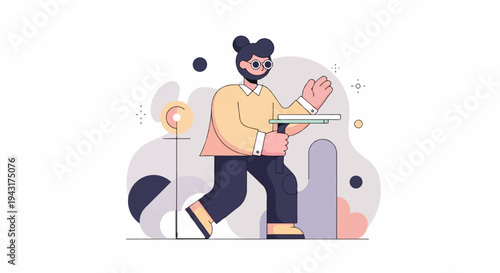 Stylized character with beard, glasses, holding a tray with items