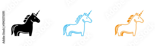 Three unicorn silhouettes in black blue and orange on a white background