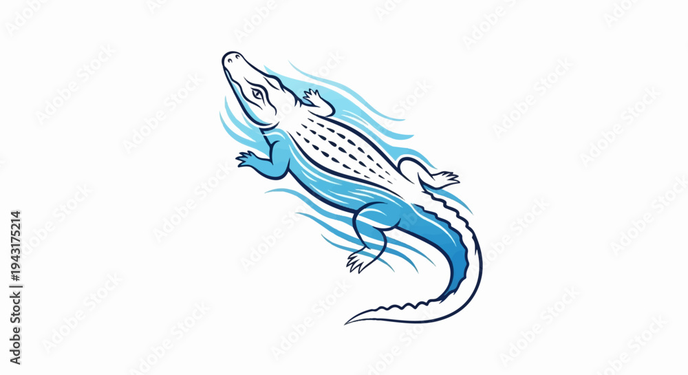 Fototapeta premium Stylized alligator swimming through blue water waves