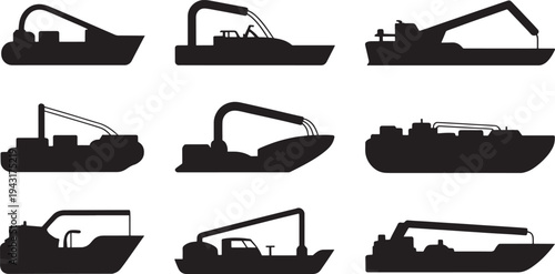Nine black silhouette of industrial dredging ships with cranes and equipment