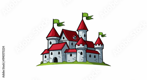 Cartoon castle with red roofs and green flags on white background