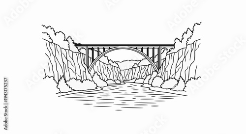 Arch bridge spans a river canyon with trees and mountains in background