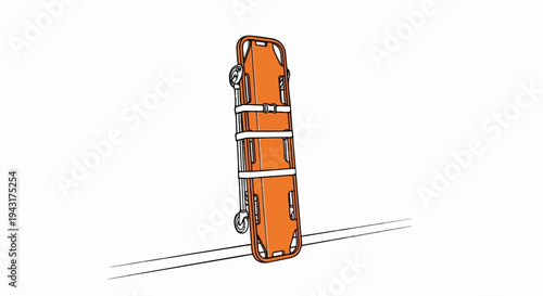 Orange medical stretcher with white straps and wheels on a white background