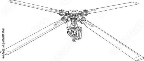 Detailed helicopter rotor assembly with four blades technical line art illustration, aviation engineering mechanical diagram isolated, aerospace technology component vector drawing