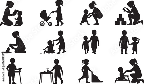 Silhouettes of adults and children engaging in various activities together black