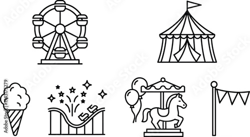 A fairground icon set featuring a Ferris wheel and carnival attractions
