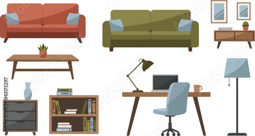Assorted furniture and home decor items arranged on white background