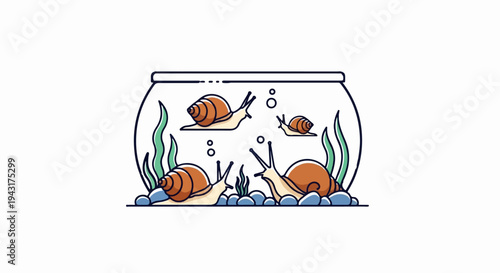 Cartoon illustration of snails in a round glass container with aquatic plants