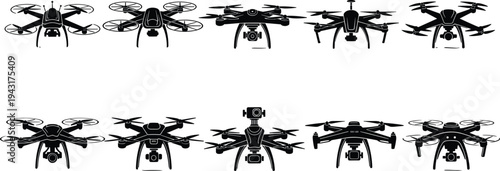 Drone quadcopter silhouettes collection with camera aerial vehicles vector illustration set, modern unmanned aerial technology for surveillance, photography, delivery and remote flying devices