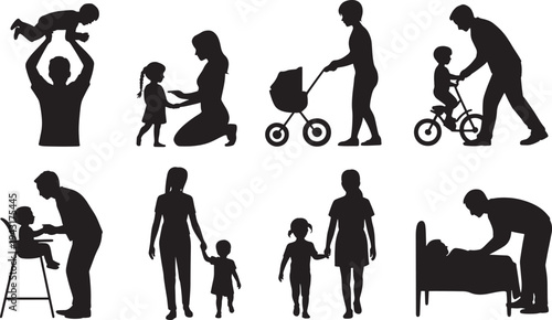 Silhouettes of Parents and Children Engaging in Various Activities black white