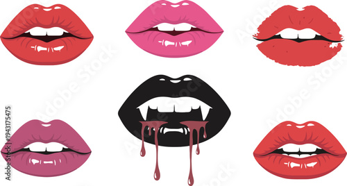 Lips vector illustration set with various colorful lip shapes and vampire fangs