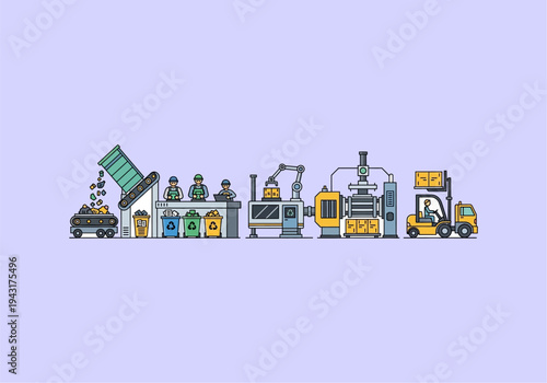Flat Design Concept Ilustration Recycling plant process illustration with machinery and workers.