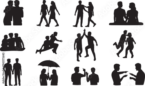 Silhouettes of People Engaging in Various Activities and Interactions black white