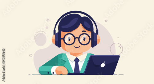Cartoon character wearing headphones and glasses sits at a laptop