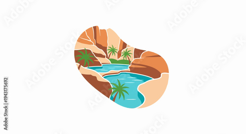 Rocky canyon with oasis pools and palm trees