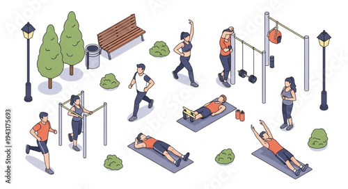 Outdoor Fitness Equipment and People Exercising.
