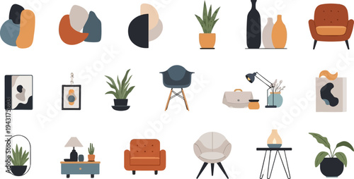 Collection of abstract art, potted plants, and modern furniture
