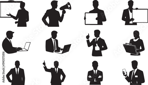 Silhouettes of people in business attire performing various activities
