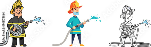 Collection of three cartoon firefighters in different art styles holding water hoses, emergency service characters, professional fire department mascots, and coloring page.