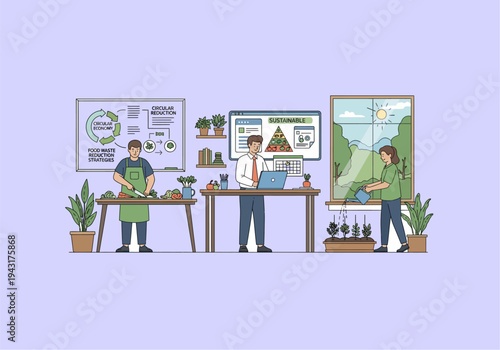 Flat Design Concept Ilustration People working in a sustainable office environment.