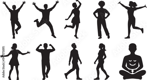 Silhouettes of people in various dynamic poses and relaxed positions