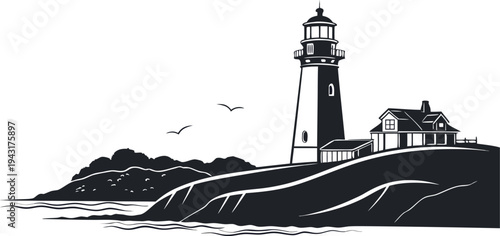  A classic lighthouse stands tall, its beacon shining brightly as a symbol of hope and direction against the backdrop of the vast sea. 