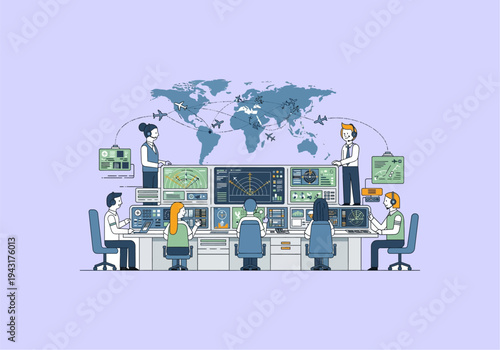 Flat Design Concept Ilustration People working in a modern control room monitoring global operations.