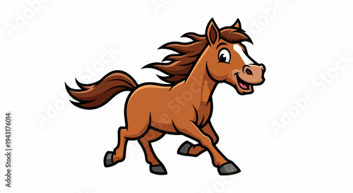 A cartoon brown horse with a flowing mane and tail runs happily
