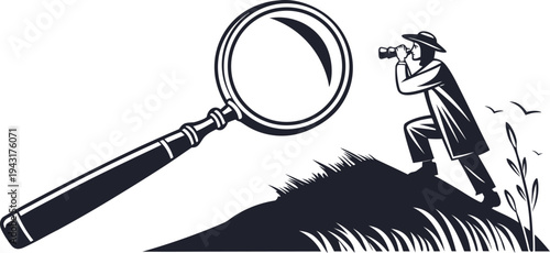  An intrepid explorer peers through a spyglass atop a grassy hill, juxtaposed with a giant magnifying glass symbolizing deep research and discovery.