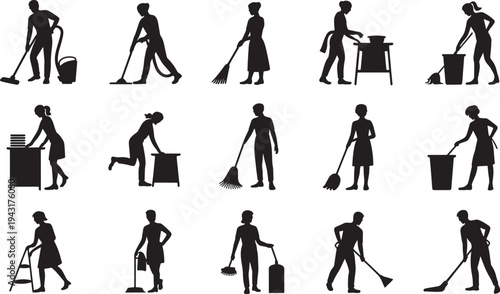 Silhouettes of people performing various cleaning tasks in black and white vacuum