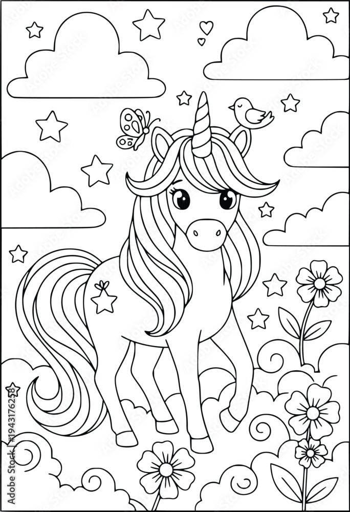 Obraz premium Mythology unicorn coloring page with a butterfly and bird among the stars