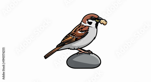 Cartoon sparrow perched on a rock with a cookie in its beak