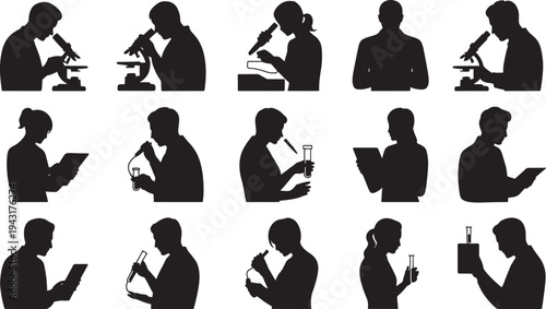 Silhouettes of people using microscopes and holding test tubes and books