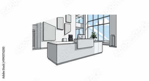 Modern reception desk area with large windows, framed art, and computer