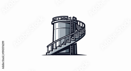 Industrial tower with exterior spiral staircase, black and white graphic