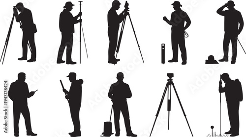Silhouettes of surveyors and photographers using equipment and taking measurements