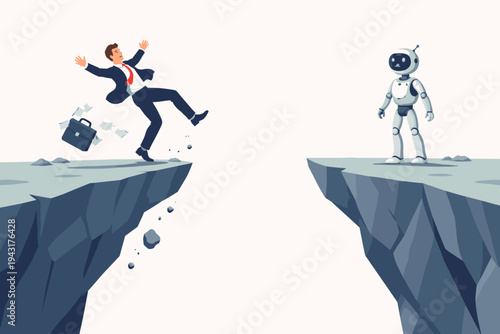 Vector illustration of a businessman falling off a cliff with a robot watching from the other side, representing job displacement, AI automation, future of work, and human versus machine risk.
