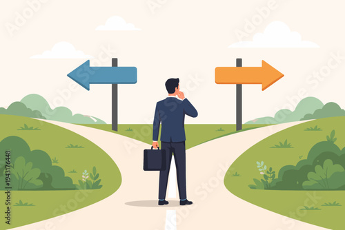 Businessman standing at a fork in the road with two directional signs, making a difficult career decision or life choice, flat vector illustration of a professional choosing a path for success.