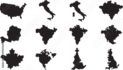 Silhouettes of various countries and continents in black on white background country