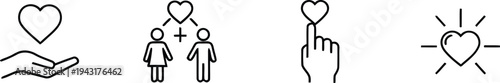 A set of simple line icons representing love and affection