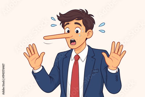 Surprised businessman with a long Pinocchio nose caught lying, sweating and raising hands in shock. Flat vector illustration representing dishonesty, fake news, fraud, and unethical corporate