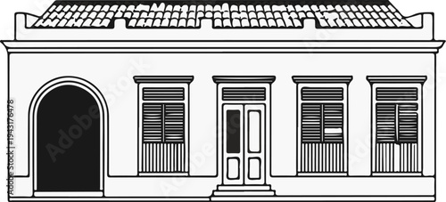 Black and white drawing of a single-story house with tiled roof