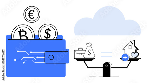 Cryptocurrency wallet. Digital assets thumbs up Bitcoin and traditional currencies in a wallet with financial balance scales. Cryptocurrency in fintech, investments, wealth management, technology