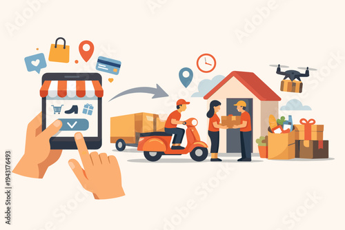 Vector illustration of mobile online shopping and delivery service concept with a hand using a smartphone to order products delivered by scooter, drone, and courier to a customer's home door.