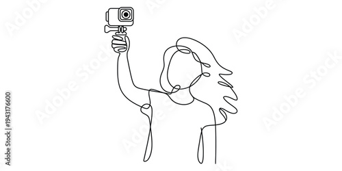 Minimalist Continuous Line Art of Woman Vlogging with Action Camera