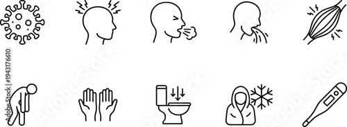 A collection of line icons depicting various symptoms of illness and disease