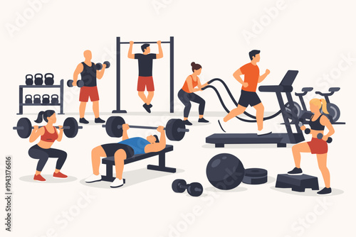 Modern Gym Interior Vector Illustration with People Exercising, Lifting Weights, Running on Treadmill, and Doing Cardio Workouts. Men and Women Training in Fitness Club with Various Gym Equipment.