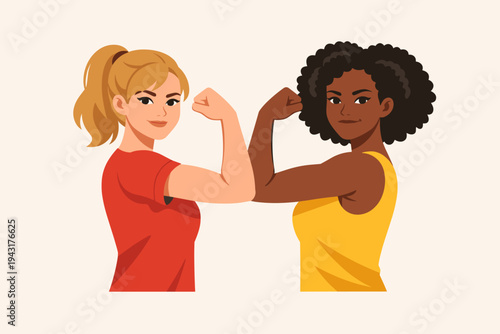 Diverse Women Flexing Biceps Vector Illustration Showing Strength and Empowerment. Multi-ethnic Female Friends Demonstrating Power and Fitness in a Flat Design Style for Feminism and Sisterhood.